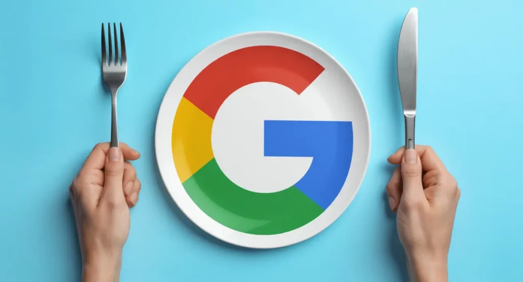 Assiette contenant le logo Google avec une fourchette et un couteau, sur fond bleu clair.