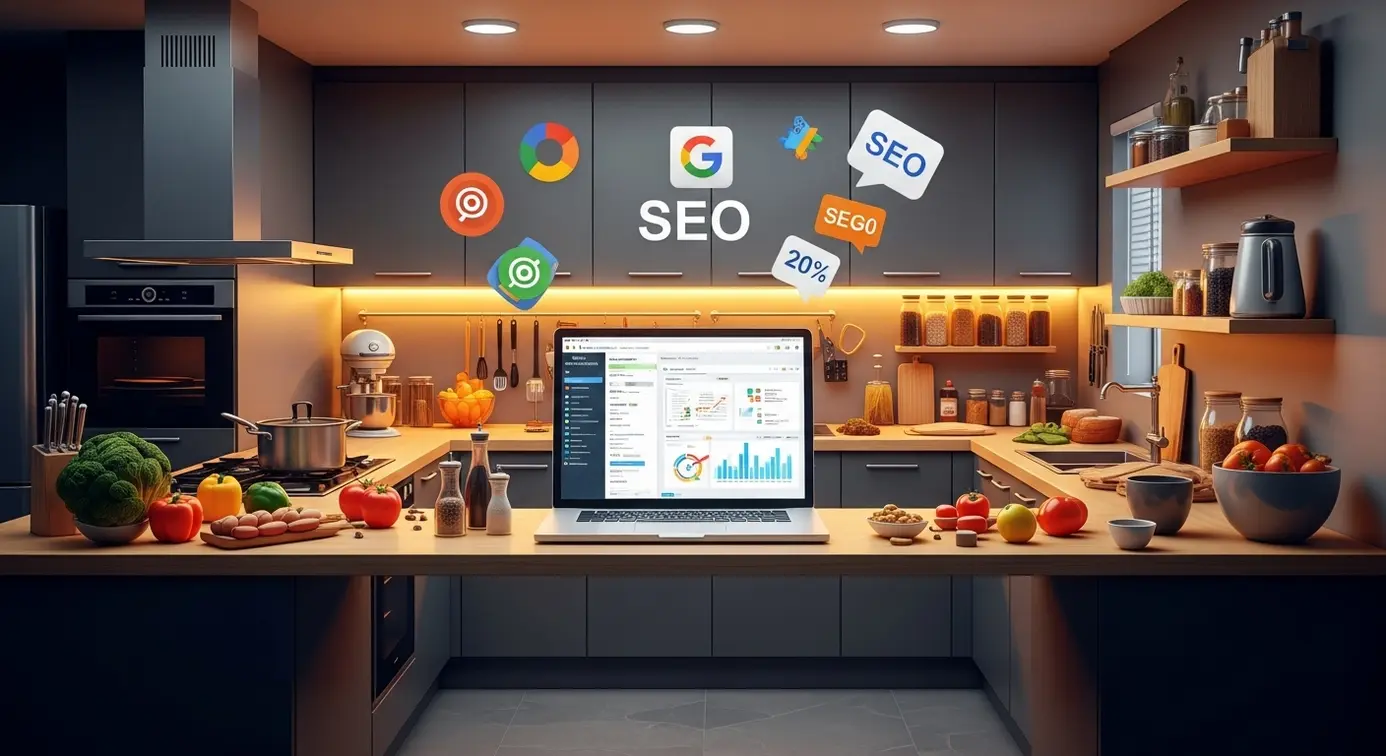 Une cuisine moderne avec des icônes de référencement et un ordinateur portable illustrant l'intégration du SEO dans le domaine culinaire.