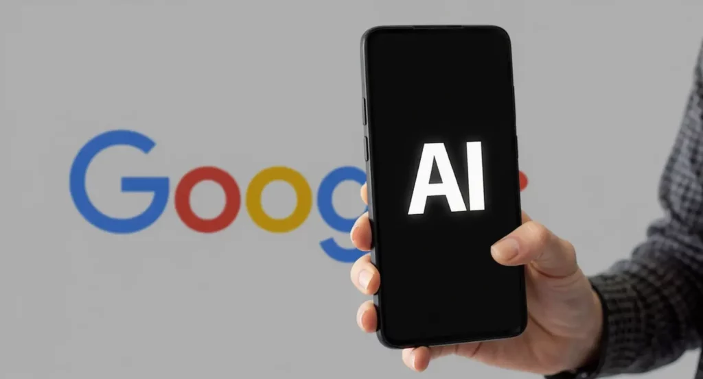 Main tenant un smartphone affichant le texte "AI" sur fond sombre, avec le logo Google en arrière-plan.