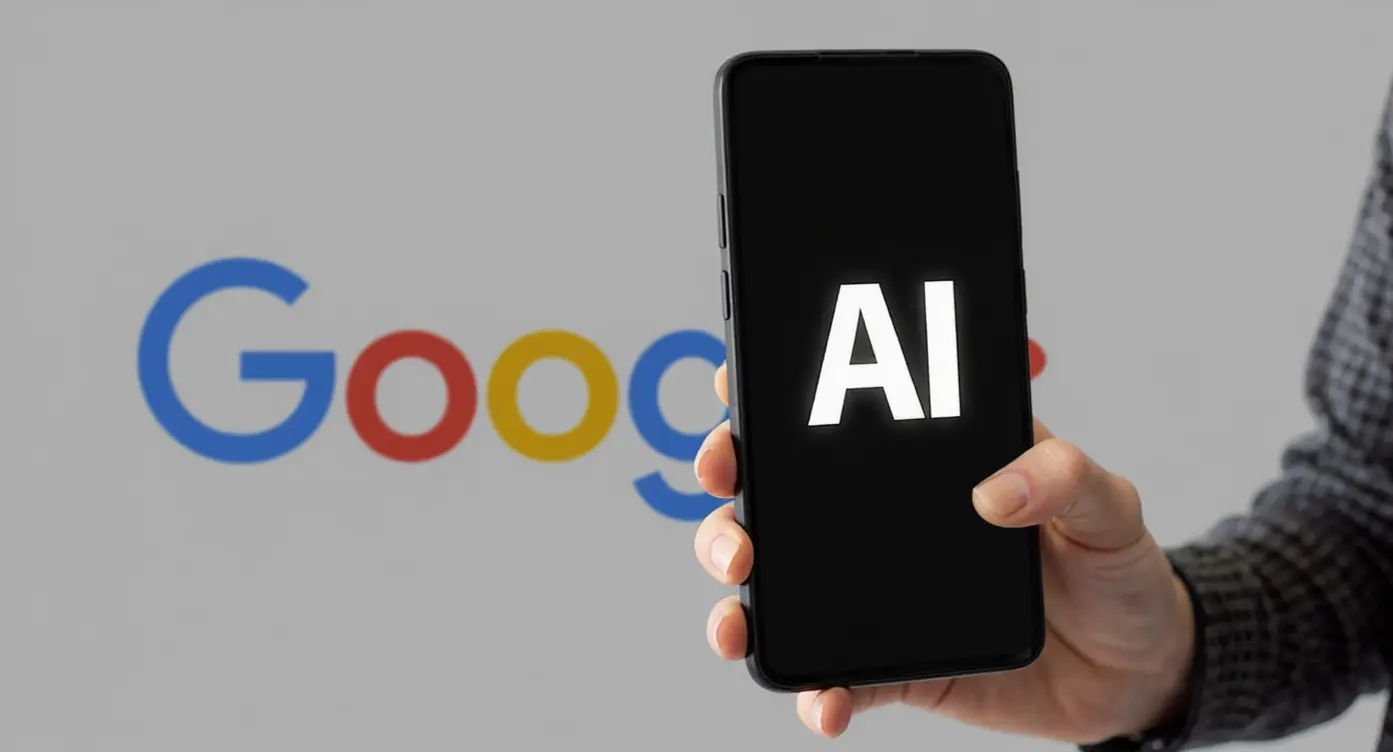 Main tenant un smartphone affichant le texte "AI" sur fond sombre, avec le logo Google en arrière-plan.