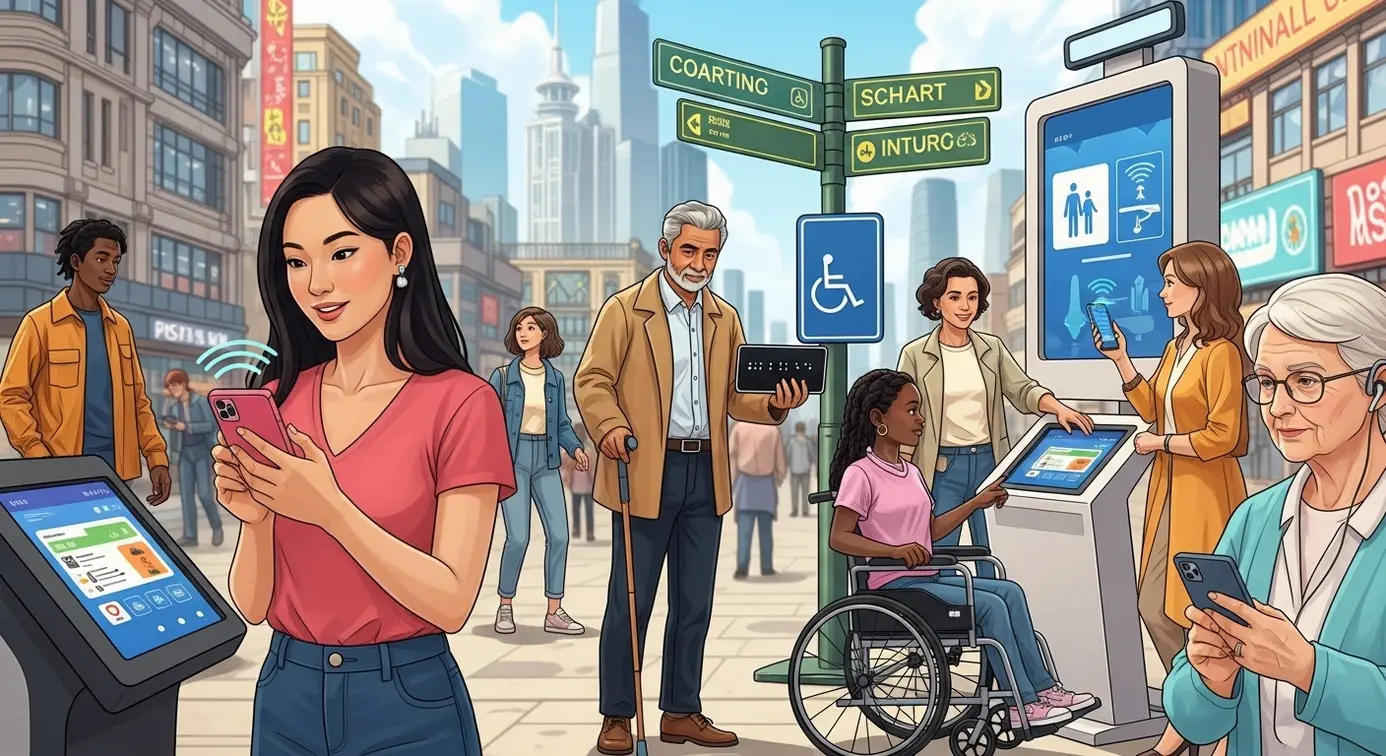 Groupe de personnes utilisant des appareils et des aides techniques dans un environnement urbain international.
