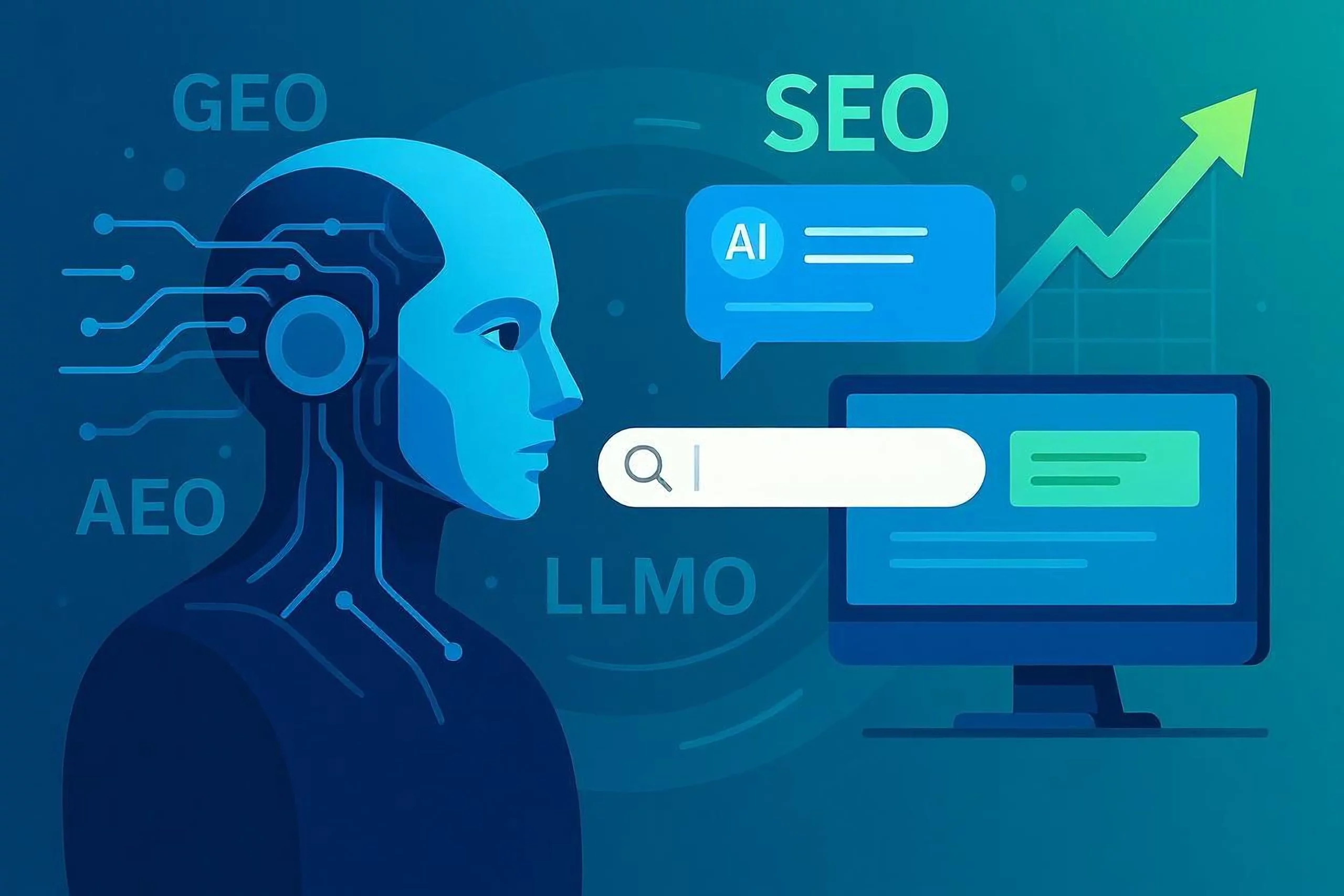 Illustration d’un cerveau numérique représentant une intelligence artificielle générant des réponses à partir de contenus SEO optimisés, avec des éléments visuels liés au GEO, LLM SEO et au chatbot en 3D.