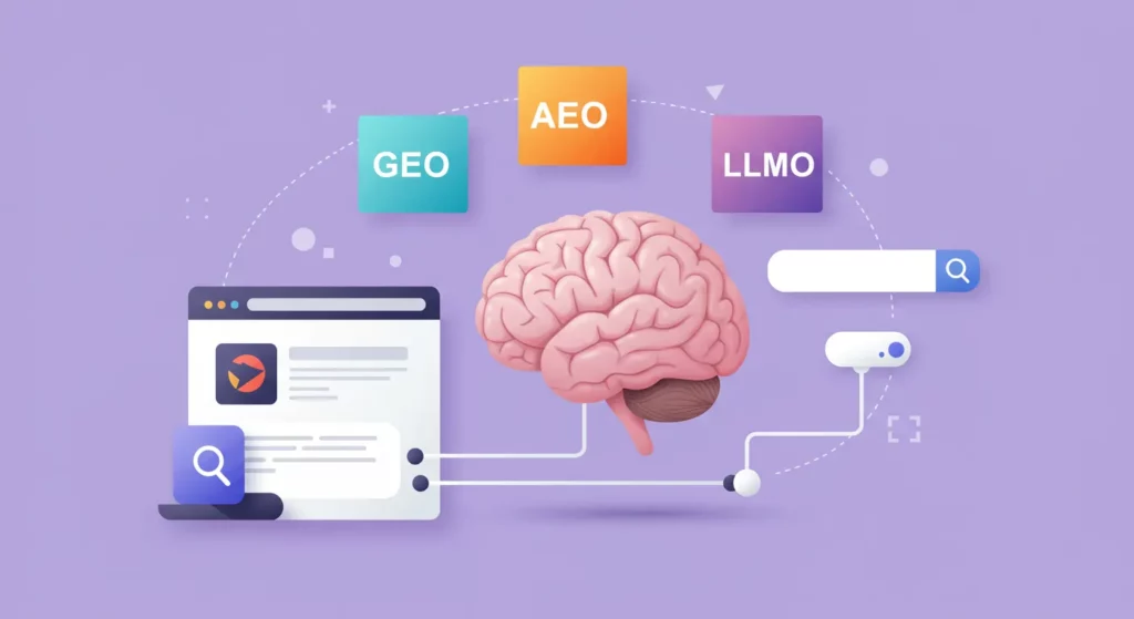 Illustration d’un cerveau connecté à une interface web et un moteur de recherche, entouré de blocs colorés étiquetés GEO, AEO et LLMO, représentant la mise en œuvre d’une stratégie SEO optimisée pour l’intelligence artificielle.