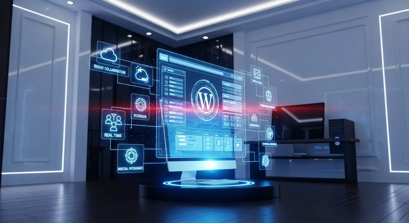 Une représentation futuriste d’un espace de travail numérique avec une interface holographique évoquant WordPress et des icônes de fonctionnalités avancées.