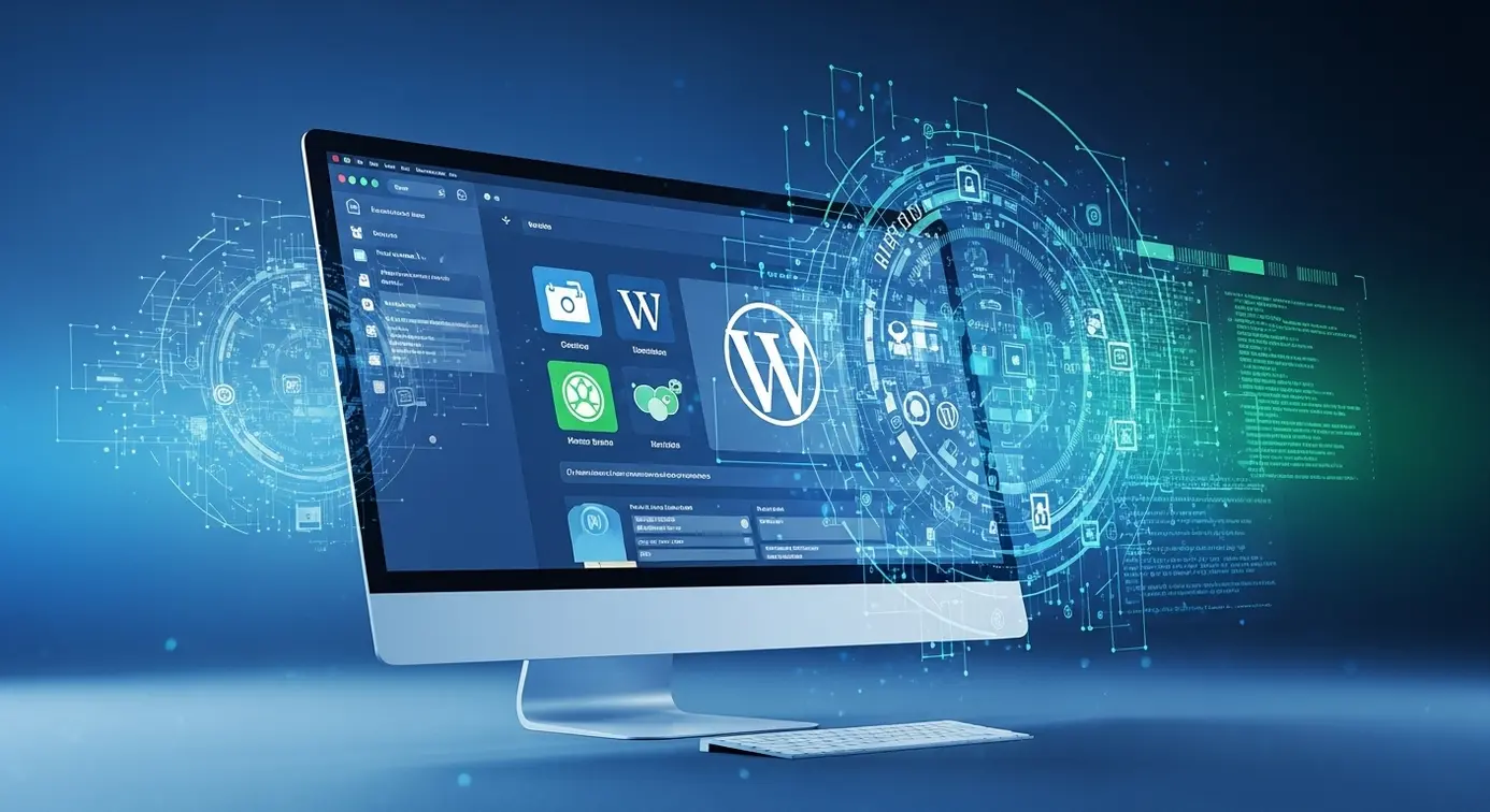 Une illustration moderne montrant un ordinateur affichant des éléments liés à WordPress, entouré de symboles technologiques pour représenter l'innovation future.