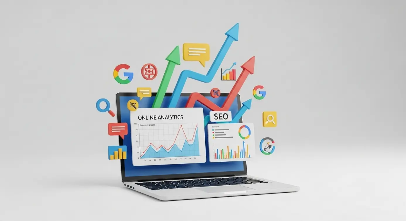 Une image représentant un ordinateur avec des graphiques et des icônes liés au référencement et à la visibilité en ligne, symbolisant l'importance de l'optimisation pour le web.