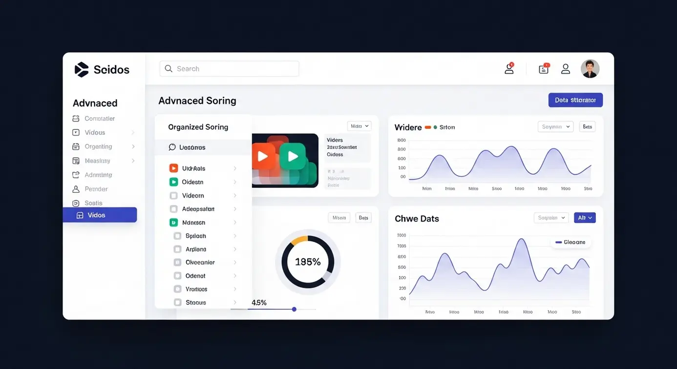 Une représentation graphique d'une interface d'analyse avec des graphiques, des icônes de recherche et de tri pour visualiser la gestion des contenus vidéo.