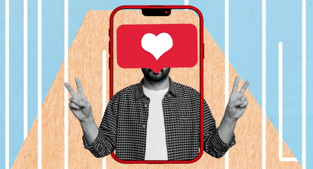 Homme faisant un signe de paix à travers un smartphone avec une icône de cœur, symbole de l'amour numérique.