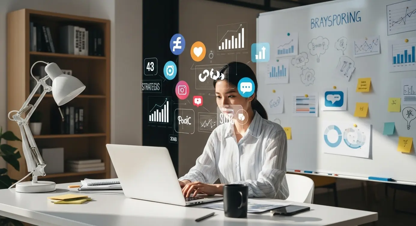 Un créateur de contenu travaillant sur un ordinateur dans un espace de travail moderne, entouré d'icônes représentant la stratégie et la croissance.