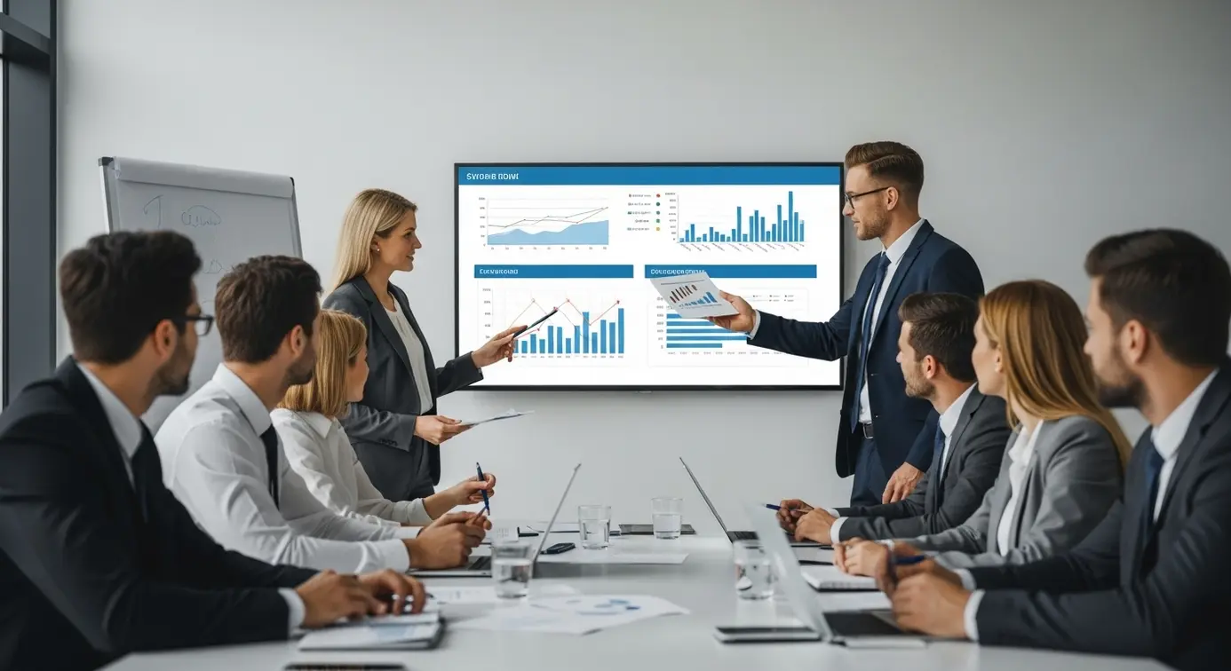 Groupe de professionnels en réunion analysant des graphiques et des plans stratégiques sur un tableau numérique.