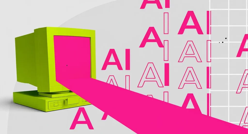 Ordinateur rétro coloré avec un écran émettant du texte "AI" en rose sur fond gris, symbolisant l'intelligence artificielle.