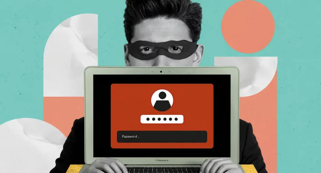 Un individu masqué tient un ordinateur portable affichant une page de connexion avec un champ de mot de passe.