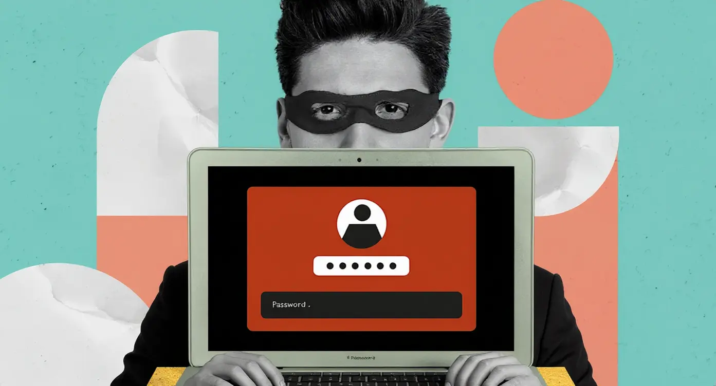 Un individu masqué tient un ordinateur portable affichant une page de connexion avec un champ de mot de passe.