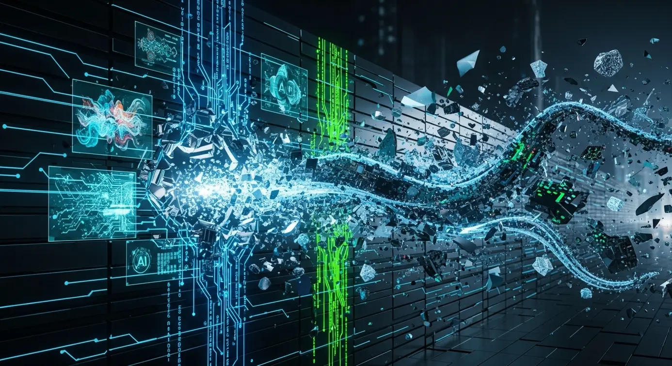 Une représentation d’un mur de sécurité technologique vulnérable face à des vagues de créativité numérique symbolisées par des éléments futuristes et lumineux.