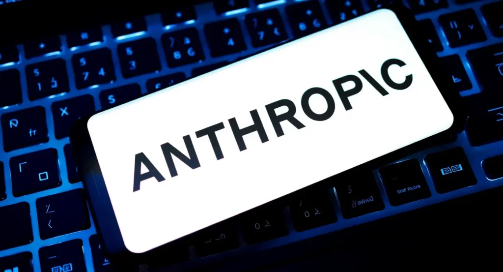 Écran lumineux affichant le mot "ANTHROPIC" sur un clavier sombre et éclairé.