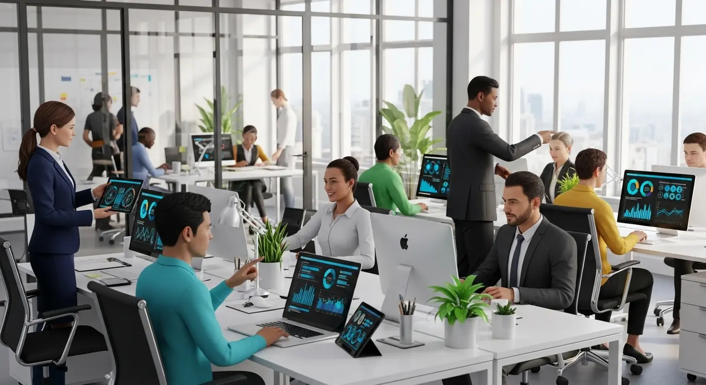 Un groupe de professionnels travaillant dans un bureau moderne, utilisant des appareils numériques pour analyser des données et collaborer efficacement.
