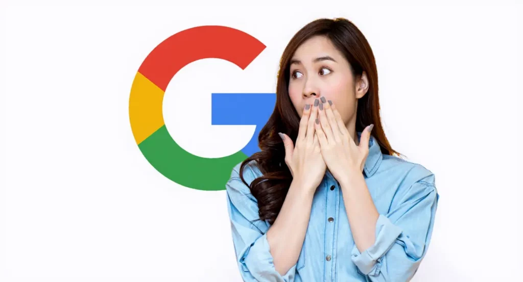 Femme surprise avec les mains sur la bouche, logo de Google en arrière-plan, ambiance de curiosité et d'innovation.