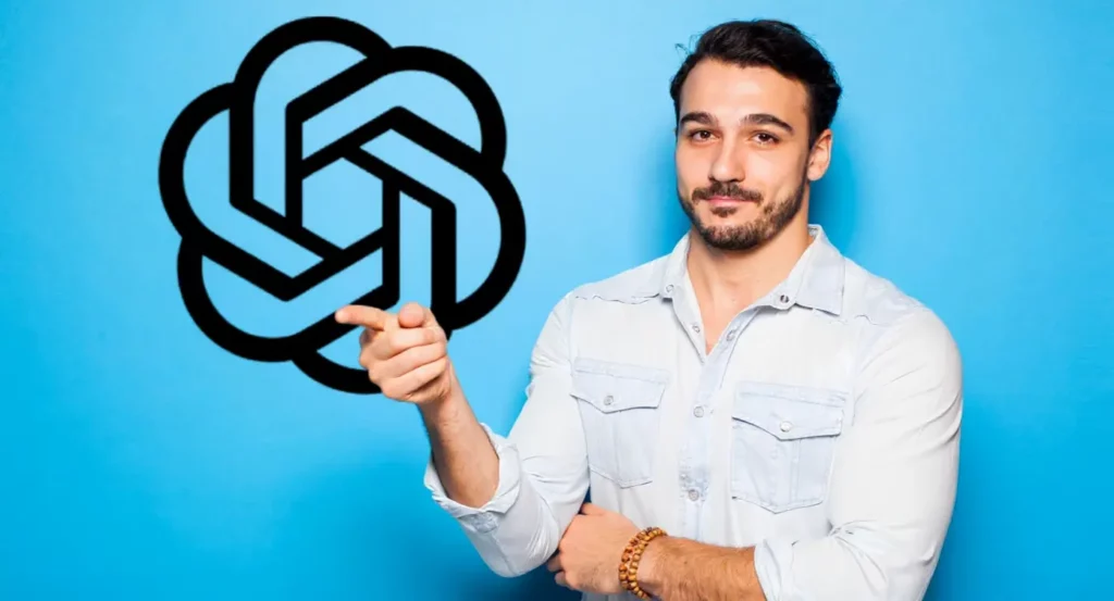 Homme en chemise claire pointant vers le logo stylisé de OpenAI sur fond bleu.