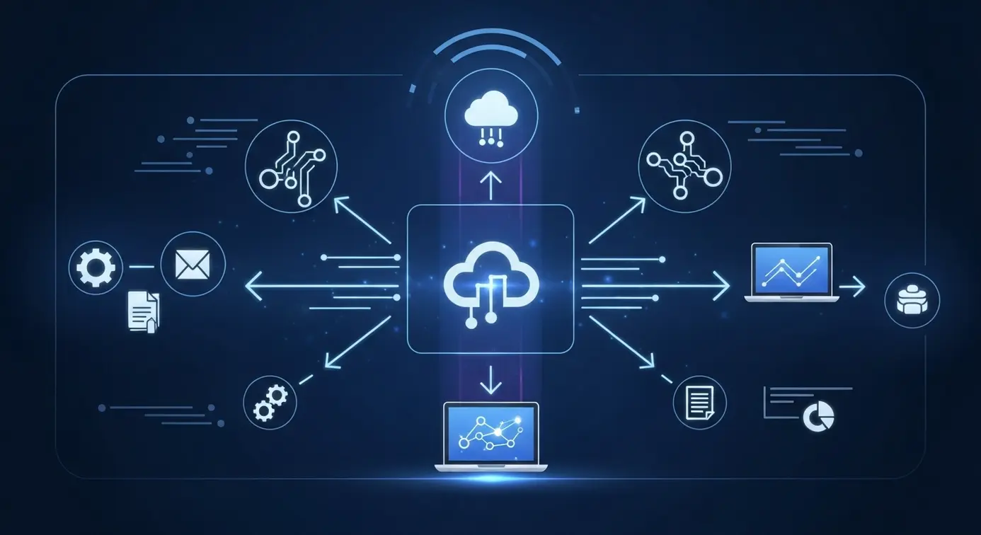 Représentation graphique de plusieurs outils connectés par des flux de données, illustrant leur intégration pour l'automatisation.