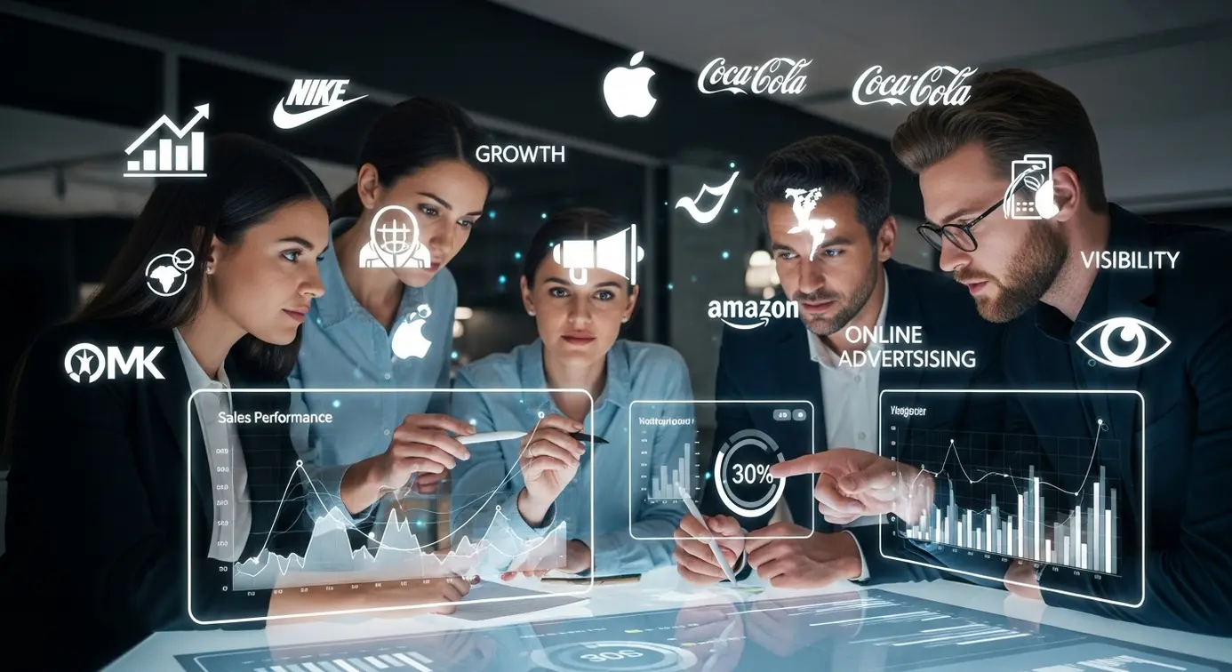 Une équipe travaillant devant un écran avec des graphiques, entourée de logos de marques et d’icônes représentant la croissance et la publicité digitale, illustrant l’impact sur la stratégie marketing.
