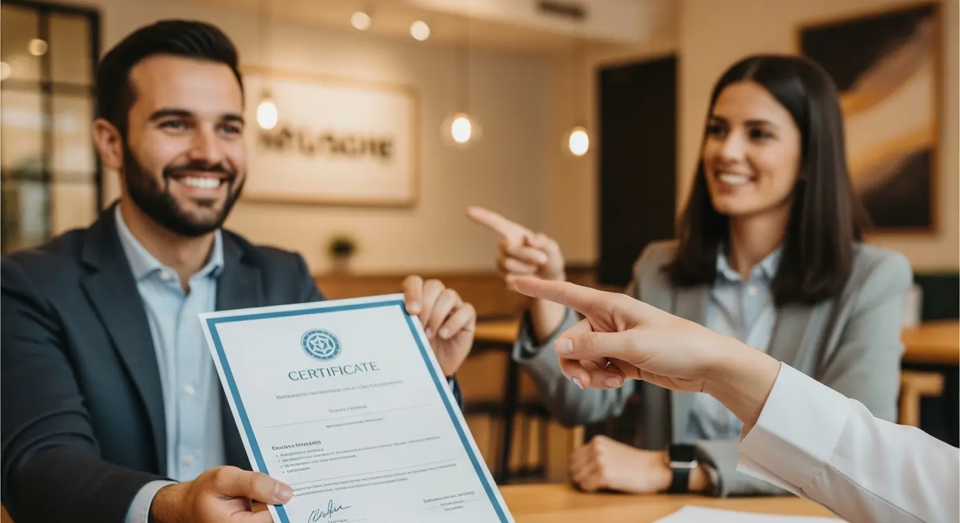 Deux personnes en discussion dans un environnement professionnel, l'une présentant un document officiel, l'autre témoignant avec un sourire.