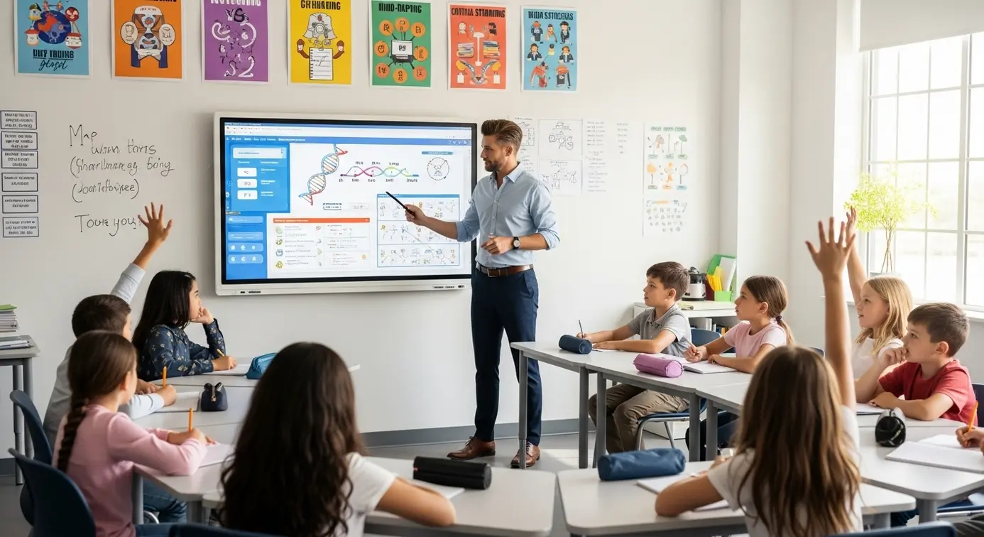 Une scène dans une salle de classe avec un enseignant et des élèves utilisant des outils numériques pour apprendre ensemble.