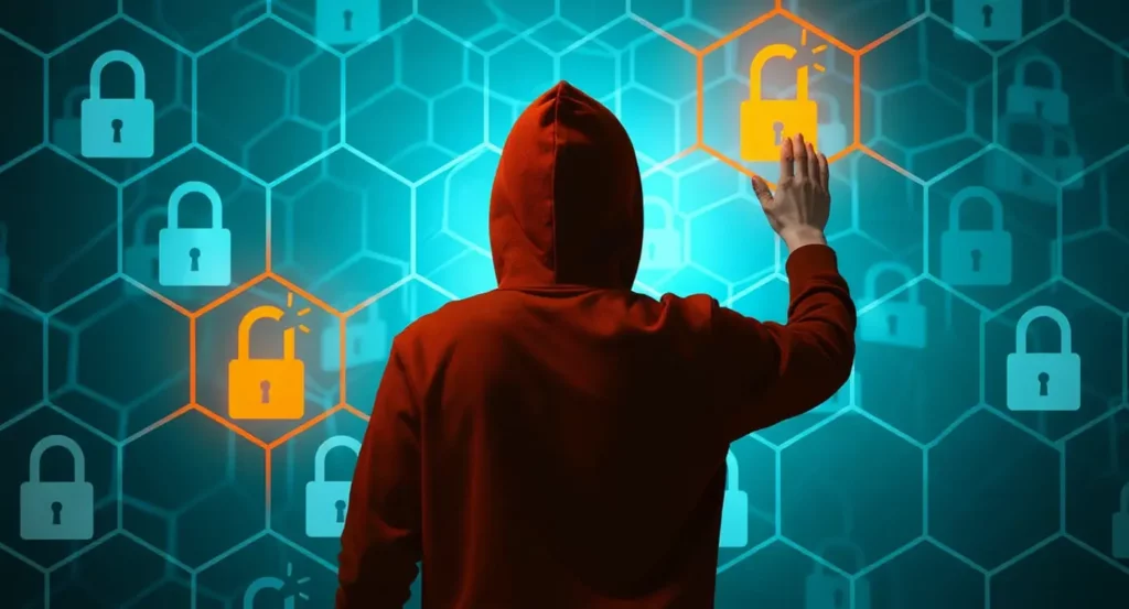 Hacker en sweat à capuche interactif avec des icônes de cadenas sur fond numérique bleu, illustrant la cybersécurité.
