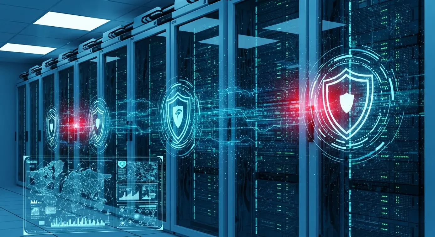 Une illustration d’un centre de données avec des serveurs et des motifs numériques symbolisant la sécurité et la menace d’attaques en ligne.