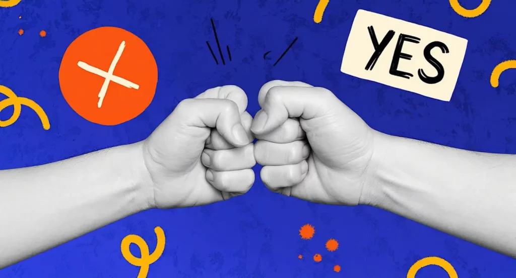 Deux poings se rencontrent sur un fond bleu, avec des éléments graphiques orange et un texte "YES".