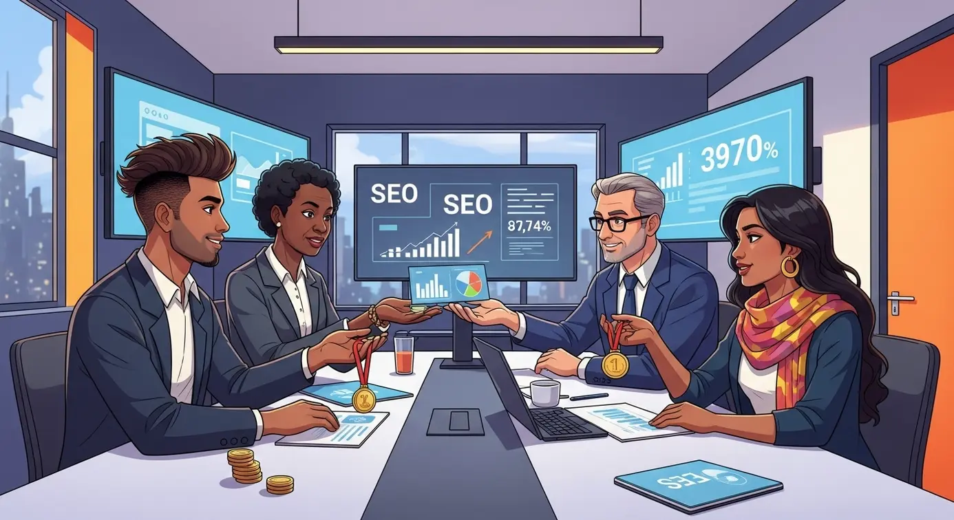 Un groupe de professionnels du SEO discutant autour de tableaux et d'ordinateurs avec des graphiques pour représenter les opinions et réactions dans le secteur.