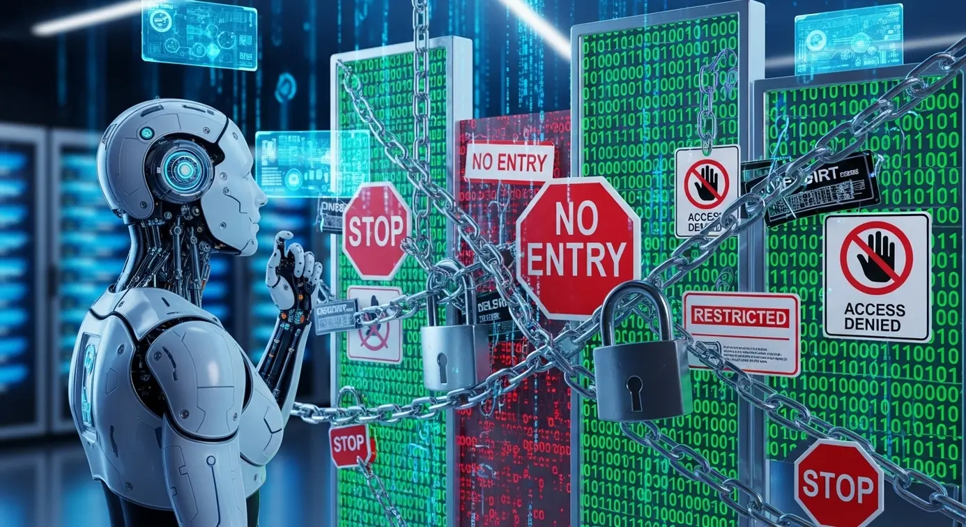 Une figure humanoïde représentant un agent AI face à des barrières symboliques de sécurité et d'obstacles technologiques dans un environnement futuriste.
