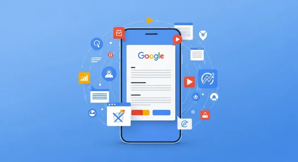 Une image montrant un appareil numérique avec un rapport ou une note associée à Google, entouré d’icônes technologiques.