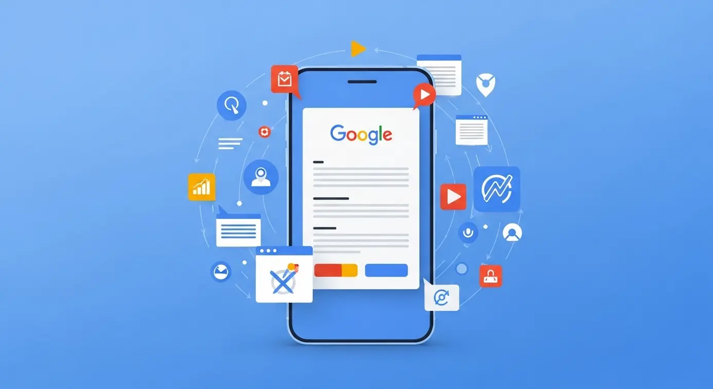 Une image montrant un appareil numérique avec un rapport ou une note associée à Google, entouré d’icônes technologiques, illustrant l’engagement de Google envers le contenu généré par l’IA.