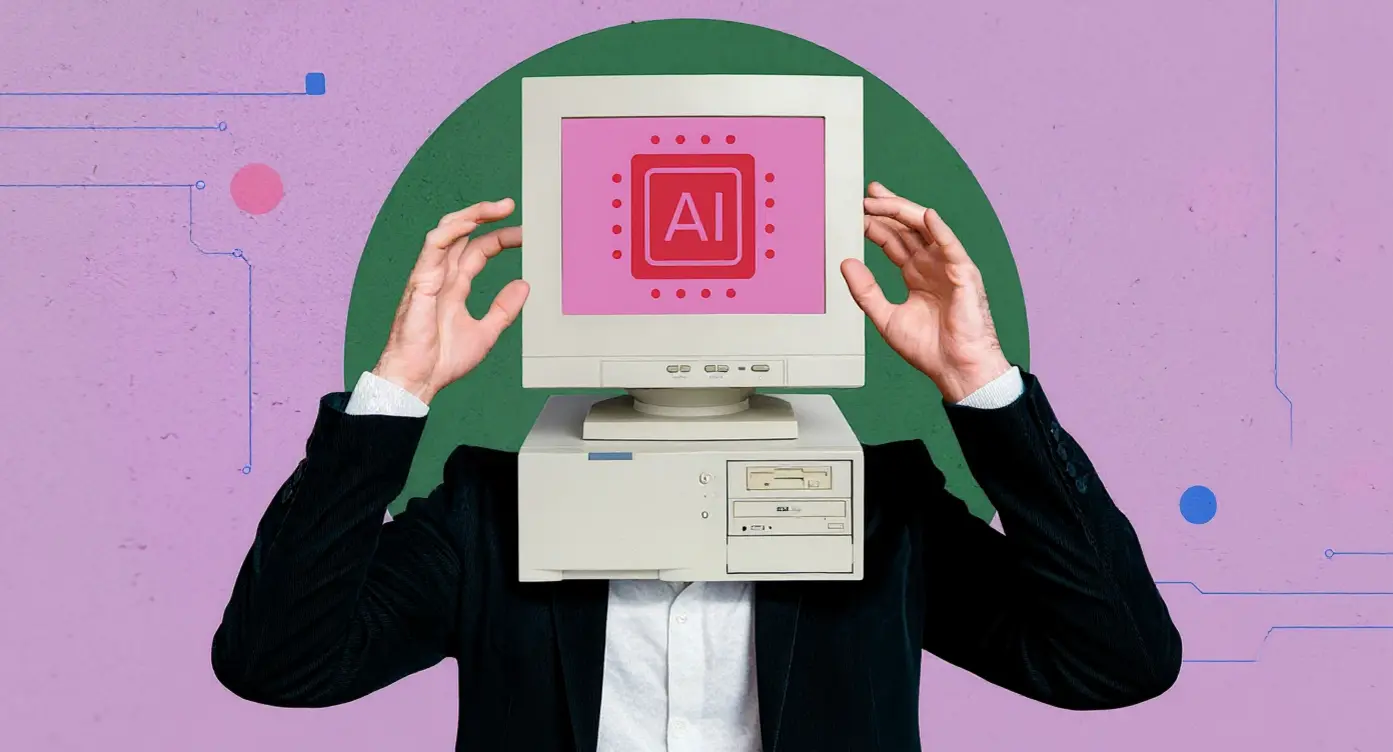 Homme en costume avec un ordinateur comme tête, symbole de l'intelligence artificielle sur l'écran.