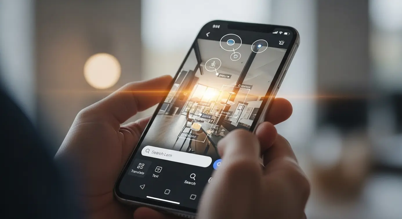 Un utilisateur utilisant un smartphone pour effectuer une recherche en temps réel avec une vidéo en arrière-plan et des éléments visuels de recherche automatique.