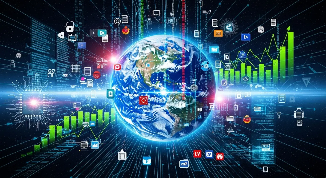 Une image montrant la planète Terre entourée de flux numériques, de graphiques de croissance et d’éléments technologiques symbolisant l’état du web et la progression du contenu.