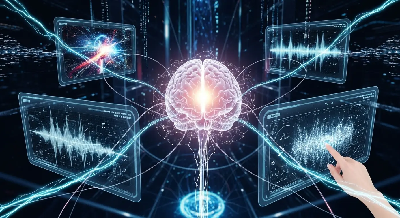 Une illustration d’un cerveau connecté à des interfaces holographiques montrant différentes technologies multimodales comme la vision et le son, avec un environnement technologique futuriste.