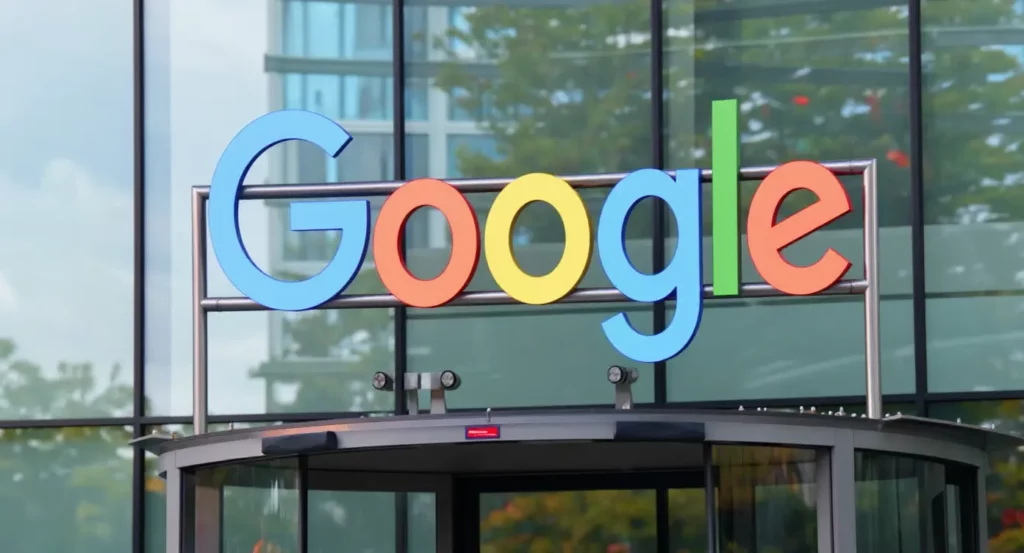 Logo coloré de Google sur le bâtiment en verre, représentant la technologie et l'innovation.