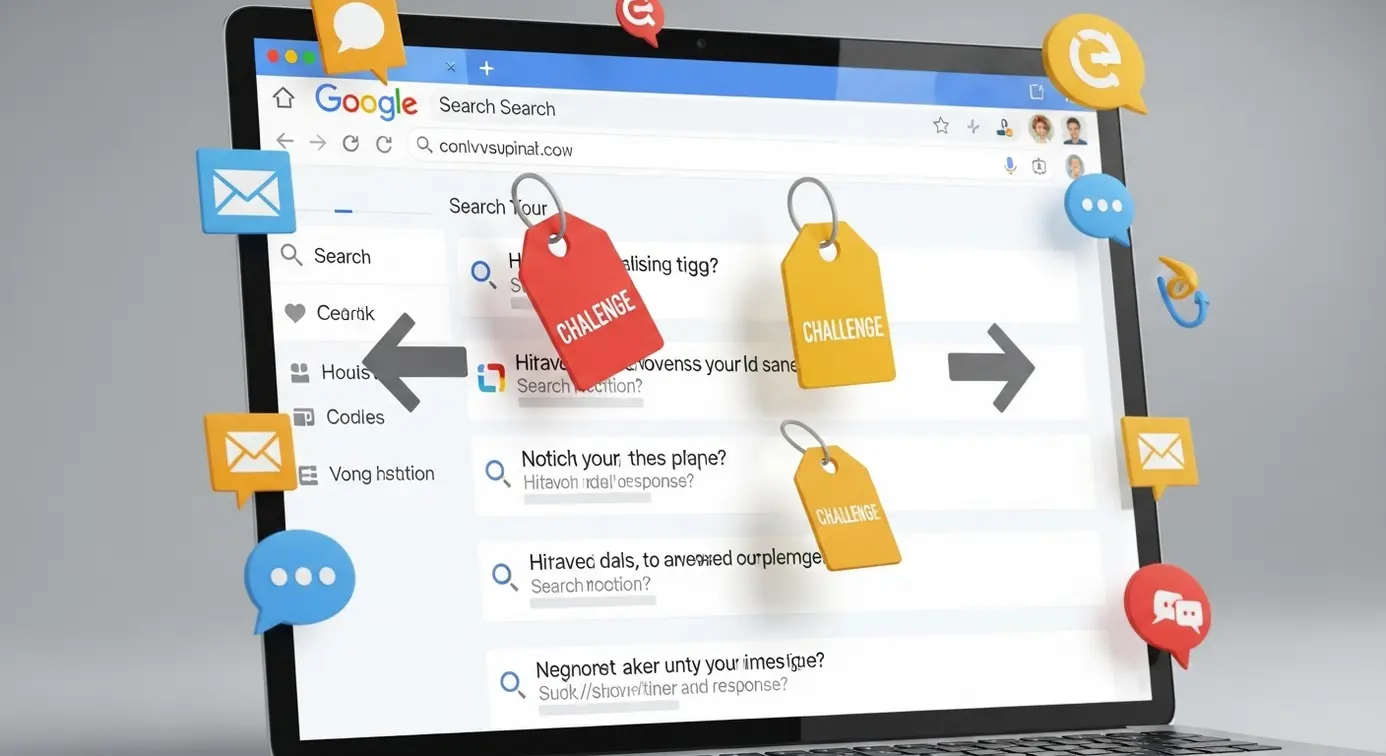 Une scène montrant un écran avec des résultats de recherche Google et des symboles de contestation et de réponse autour.