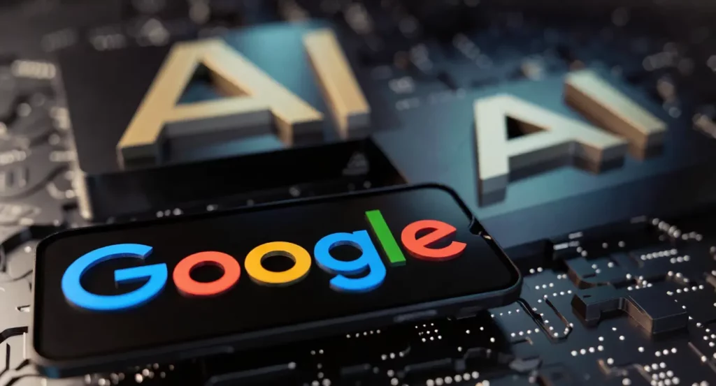 Logo de Google sur un smartphone, avec des éléments de circuit imprimé en arrière-plan et les lettres "AI".
