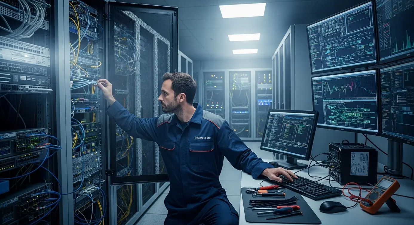 Un technicien configure un serveur dans une salle informatique équipée de racks et d’écrans affichant du code.