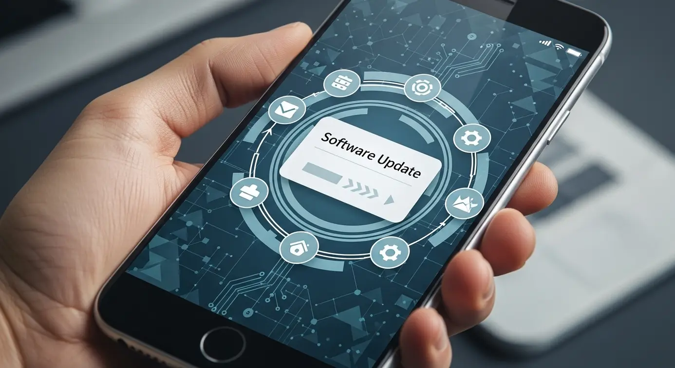 Une main tenant un smartphone montrant une notification de mise à jour logicielle en cours.