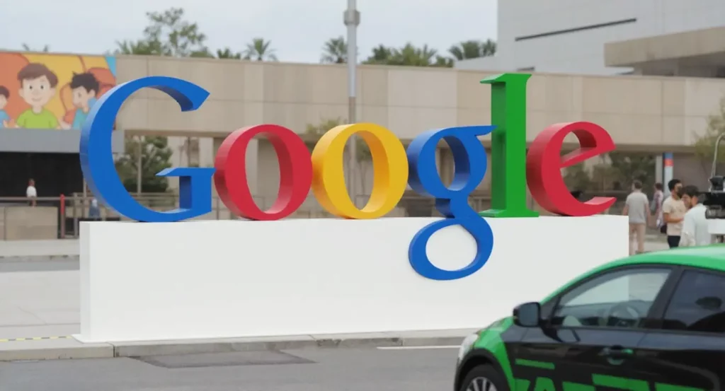 Logo coloré de Google en trois dimensions devant un bâtiment, avec une voiture verte en premier plan.