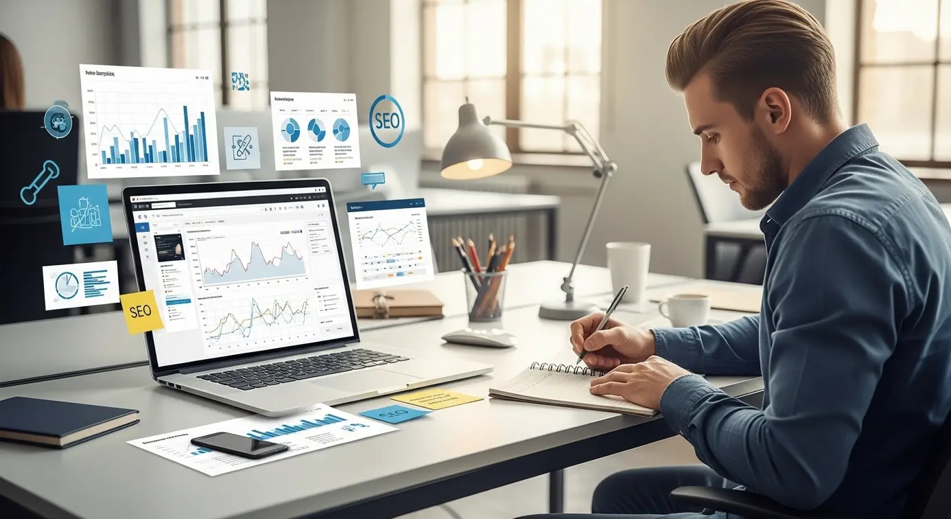 Un bureau avec un ordinateur affichant des graphiques web, entouré de notes et d'icônes liées au référencement, évoquant des recommandations pour les webmasters.