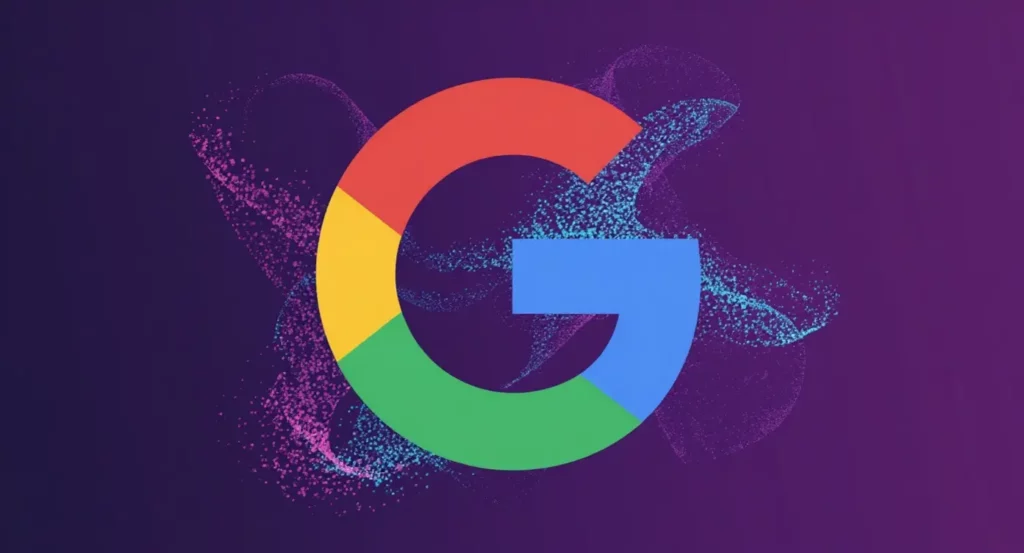 Logo de Google avec des couleurs vives sur un fond violet, illustrant l'identité de marque numérique.