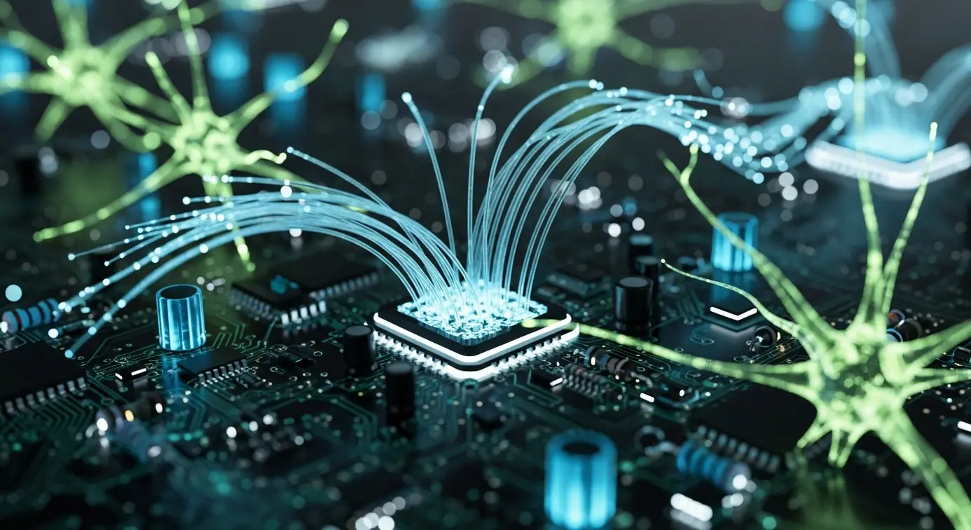 Une représentation visuelle de réseaux électroniques et de neurones artificiels illustrant des technologies avancées sous-jacentes à l'intelligence artificielle.