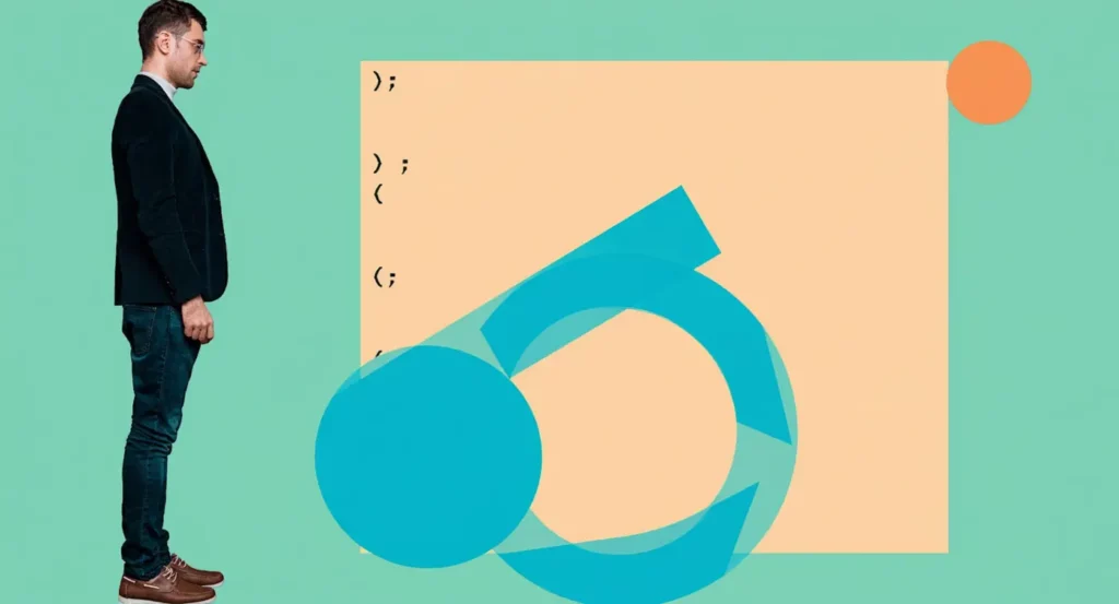 Homme en costume aux lunettes, debout à côté d'une illustration graphique et de symboles de code en fond.