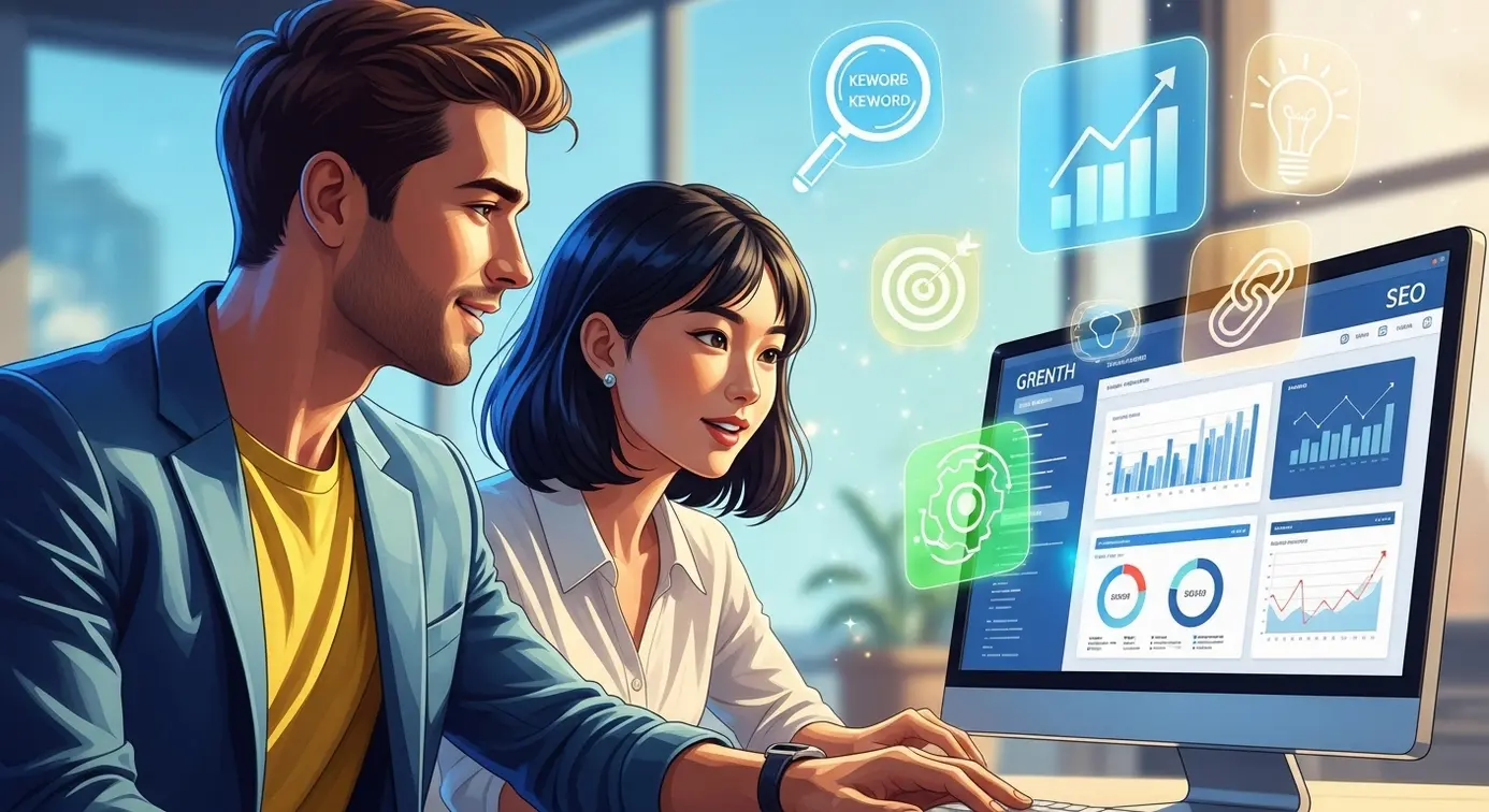 Deux experts en marketing et SEO travaillant sur un ordinateur avec des graphiques de croissance et des icônes numériques autour d'eux.