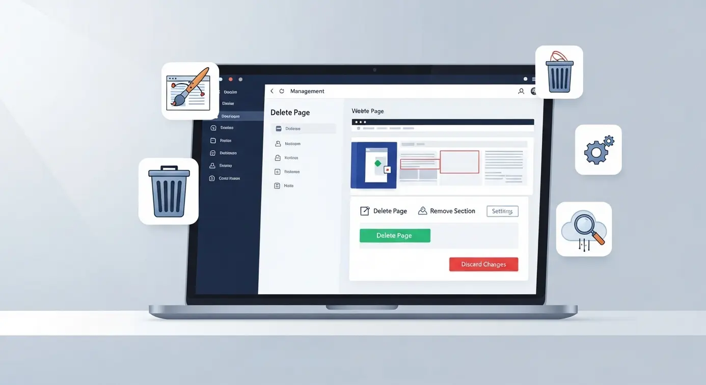 Une image montrant un ordinateur portable avec des icônes d’outils de gestion de pages web, illustrant la suppression de contenu numérique.