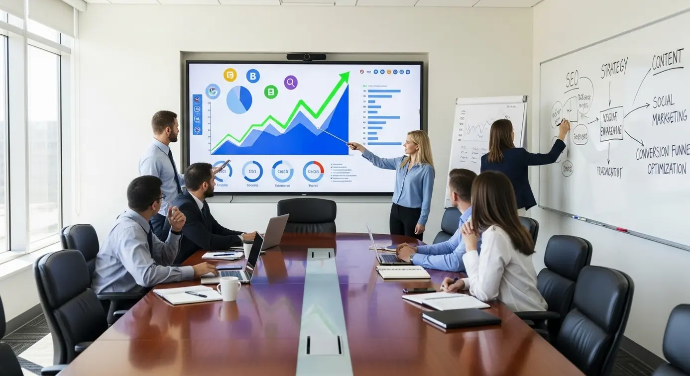 Une équipe de professionnels discutant autour d'une table devant un écran montrant des graphiques de croissance et des icônes de moteurs de recherche.